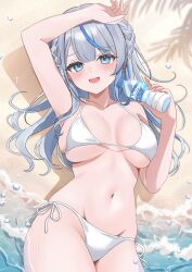 Rule 34 | 1girl, absurdres, amagai ruka, arm up, armpits, bare shoulders, beach, bikini, blue eyes, blue hair, blush, bottle, breasts, cleavage, collarbone, commentary request, grey hair, halterneck, highres, holding, holding bottle, large breasts, looking at viewer, lying, multicolored hair, navel, ocean, on back, open mouth, shadow, side-tie bikini bottom, smile, solo, stomach, streaked hair, string bikini, swimsuit, underboob, virtual youtuber, water, water bottle, weather planet, white bikini, ysnhryk