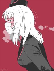 Rule 34 | 10s, 1girl, black hat, black jacket, blue eyes, blush, breath, female focus, fever, from side, full-face blush, garrison cap, girls und panzer, hat, itsumi erika, jacket, kuromorimine military uniform, long hair, long sleeves, looking at viewer, mask, military, military hat, military uniform, mouth mask, portrait, red background, sick, silver hair, solo, standing, surgical mask, twitter username, yukataro