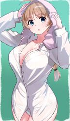 1girl :o absurdres blue_eyes braid breasts brown_hair highres hiroshi_(hunter-of-kct) large_breasts looking_at_viewer lynette_bishop panties shirt simple_background single_braid solo standing strike_witches towel towel_on_head underwear white_panties white_shirt world_witches_series