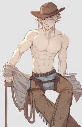 Rule 34 | 1boy, absurdres, artist name, blonde hair, blue eyes, blush, chaps, cloud strife, commentary, cowboy fringe, cowboy hat, earrings, english commentary, final fantasy, final fantasy vii, fringe trim, grey background, hair between eyes, hat, highres, holding lasso, jewelry, lasso, male focus, short hair, single earring, spiked hair, topless male, wilbujoe