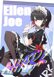 1girl absurdres black_hair bow candy character_name colored_inner_hair ellen_joe fins fish_tail food hair_ornament hairband highres lollipop maid maid_headdress metal_hairband mole mole_on_arm mole_under_eye multicolored_hair pantyhose qingcha razor_blade_hair_ornament red_bow red_eyes red_hair red_nails shark_girl shark_tail short_hair spiked_headband tail two-tone_hair zenless_zone_zero