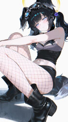 1girl absurdres alternate_costume black_hair black_shoes black_skirt blue_archive blue_eyes bright_pupils goggles goggles_on_head hibiki_(blue_archive) highres light_blush maria_(maria_rose) navel shoes signature skirt solo tail white_background white_pupils