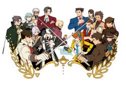 4girls 6+boys ace_attorney apollo_justice aqua_necktie armband ascot asymmetrical_bangs athena_cykes barok_van_zieks bead_necklace beads bishounen black_capelet black_eyes black_gloves black_hair black_headwear black_shirt black_vest blonde_hair blue_eyes blue_gemstone blue_hair blue_hairband blue_jacket blue_necktie blue_ribbon blue_sleeves blue_suit book bow bowtie bracelet braid brown_eyes brown_hair brown_shirt brown_sleeves buttons capelet chain cloak closed_mouth coat coattails collarbone collared_capelet collared_cloak collared_jacket collared_shirt collared_vest cropped_torso crossed_arms cuffs cup diamond_brooch diego_armando earrings everyone expressionless eye_mask facial_hair fingerless_gloves fingernails formal_clothes franziska_von_karma from_side gem gloves goatee godot_(ace_attorney) gold_bracelet green_cloak green_shirt grey_hair hair_over_one_eye hair_over_shoulder hair_ribbon hairband hand_on_own_elbow hand_on_own_forehead hat headband high_collar highres holding holding_book holding_cup holding_sword holding_weapon holographic_monitor hoop_earrings jacket jewelry kazuma_asogi klavier_gavin layered_sleeves long_hair long_sleeves mia_fey miles_edgeworth military_hat miniskirt mug multicolored_hair multiple_boys multiple_girls nahyuta_sahdmadhi necklace necktie open_book orange_armband orange_hair pale_skin parted_bangs phoenix_wright pink_jacket pink_sleeves pleated_skirt puffy_short_sleeves puffy_sleeves purple_hair red_ascot red_headband red_jacket red_necktie red_shirt red_sleeves red_vest ribbon ring ryunosuke_naruhodo ryutaro_naruhodo school_uniform shackles shaded_face shirt short_hair short_sleeves side_ponytail simon_blackquill simple_background single_braid skirt sleeveless sleeveless_coat smile spiked_hair straight_hair striped_clothes striped_vest suit susato_mikotoba sword tan two-tone_hair ummi_ii vertical-striped_clothes vertical-striped_vest vest weapon white_ascot white_background white_bow white_bowtie white_coat white_hair white_jacket white_mask white_necktie white_shirt white_sleeves white_undershirt white_vest yellow_jacket yellow_skirt yellow_sleeves