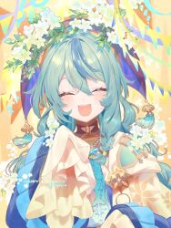 Rule 34 | 1girl, :d, ^ ^, aqua hair, artist name, blue hair, blush, braid, chinese clothes, closed eyes, commentary request, eyelashes, flower, flower symbol, frilled sleeves, frills, hair between eyes, hands up, happy, happy birthday, hat, hat tassel, highres, long hair, long sleeves, multicolored hair, nijisanji, open mouth, panchang knot, pjkuasu, side braid, sidelocks, sleeves past wrists, smile, solo, streaked hair, string of flags, tamanoi nana, tassel, teeth, twitter username, upper body, upper teeth only, virtual youtuber, white flower, wide sleeves, zhuang hat