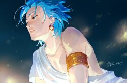 1boy alternate_costume armlet black_background blue_background blue_eyes blue_hair camus_(dq11) closed_mouth collarbone commentary_request dq_nikiri dragon_quest dragon_quest_xi earrings gold_armlet gold_earrings gradient_background half-closed_eyes hoop_earrings jewelry male_focus one-shoulder_tunic short_hair solo spiked_hair tunic twitter_username upper_body white_tunic