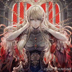 armor blonde_hair chain chunithm covering_own_ears crying crying_with_eyes_open dress frills green_eyes official_art senano-yu tears