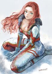 1girl bodysuit breasts christina_mackenzie cleavage closed_mouth commentary commentary_request dated english_commentary gloves gold_trim green_eyes gundam gundam_0080 highres large_breasts long_hair looking_at_viewer mixed-language_commentary okrdisk2000 pink_lips red_bodysuit red_hair sitting solo two-tone_bodysuit wavy_hair white_bodysuit white_gloves