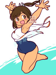 Rule 34 | artist logo, blue one-piece swimsuit, breasts, brown eyes, brown hair, dark-skinned female, dark skin, dated, full body, i-401 (kancolle), jumping, kantai collection, kutone shirika, logo, medium breasts, one-piece swimsuit, open mouth, orange sailor collar, outstretched arms, ponytail, sailor collar, school swimsuit, short ponytail, side-tie shirt, smile, swimsuit, swimsuit under clothes, watermark