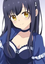 Rule 34 | 1girl, absurdres, black camisole, black choker, black hair, blue capelet, blush, bone hair ornament, breasts, camisole, capelet, choker, closed mouth, collarbone, commentary, frilled capelet, frilled choker, frills, hair between eyes, hair ornament, highres, kushima kamome, long hair, looking at viewer, medium breasts, ringed eyes, seihoku, sidelocks, simple background, skull and crossbones, skull hair ornament, smile, solo, split mouth, straight hair, summer pockets, upper body, white background, yellow eyes