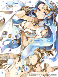 1girl anklet apple972 barefoot barefoot_sandals_(jewelry) bikini blue_eyes blue_hair blush bracelet feet female_focus hair_ornament inzup jewelry liquid_hair long_hair lots_of_jewelry magic matching_hair/eyes navel original solo swimsuit toes water