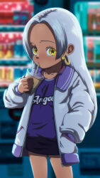 absurdres black_skirt bubble_tea clothes_writing cowboy_shot drink drinking drinking_straw drinking_straw_in_mouth earrings forehead g_reaper hand_in_pocket highres holding holding_drink jacket long_hair long_sleeves looking_at_viewer one_piece open_clothes open_jacket parted_bangs purple_shirt s-snake seraphim_(one_piece) shirt skirt snake_earrings standing star-shaped_pupils star_(symbol) symbol-shaped_pupils thighs unzipped very_long_hair white_hair white_jacket yellow_eyes