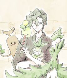 arboliva brassius_(pokemon) brown_kimono closed_eyes creatures_(company) dango feeding_animal food game_freak gen_2_pokemon gen_5_pokemon green_eyes green_hair highres ii_ebidashi japanese_clothes kimono light_smile mitarashi_dango nintendo petilil plant_monster pokemon pokemon_sv smoliv sudowoodo wagashi