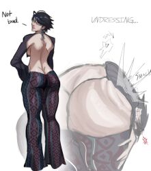 1girl anger_vein annoyed ass backless_outfit bayonetta bayonetta_(series) bell-bottoms black_hair breasts butt_crack deep_skin earrings english_text forbidden_pants glasses grey_eyes hand_on_own_hip highres huge_ass jewelry kumkwatart large_breasts leaning_forward long_sleeves looking_at_viewer looking_back mature_female meme meme_attire mole mole_under_mouth pants short_hair sideboob spanked spanking talking tight_clothes tight_pants undressing white_background