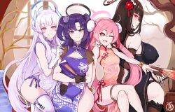 4girls ;d alternate_costume arm_support armband arms_under_breasts ass bare_arms bare_legs black_hair black_halo black_panties blue_archive blue_eyes blue_hair blue_halo blush blush_stickers breast_press breasts bridal_gauntlets brown_hair china_dress chinese_clothes cleavage cleavage_cutout clothing_cutout covered_erect_nipples covered_navel crossed_legs dress fang flower gloves grabbing_another&#039;s_arm grin hair_flower hair_ornament half_gloves halo hand_fan highres holding holding_fan holding_smoking_pipe indoors koyuki_(blue_archive) large_breasts long_hair looking_at_viewer looking_back medium_breasts multiple_girls narrow_waist noa_(blue_archive) one_eye_closed open_mouth panties pink_halo plant purple_eyes red_eyes revolverwing rio_(blue_archive) seminar_(blue_archive) side_slit sitting skindentation sleeveless sleeveless_dress small_breasts smile smoking_pipe standing star-shaped_pupils star_(symbol) symbol-shaped_pupils twintails underwear very_long_hair white_hair white_halo wide_hips yuuka_(blue_archive)