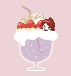 1boy air_bubble black_jacket bubble commentary_request cowlick cup drinking_straw eneko_(olavcnkrpucl16a) food fruit glass grey_eyes hands_up highres in_container in_cup jacket male_focus mini_person miniboy nintendo no_pupils parted_bangs pink_background pokemon pokemon_hgss red_hair silver_(pokemon) simple_background strawberry