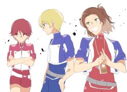 belt blonde_hair blue_eyes brown_hair daimon_masaru_(digimon_savers) digimon digimon_savers fujieda_yoshino green_eyes jacket pink_eyes pink_hair pixiv_user_(5330641) short_hair smile teeth thoma_h._norstein