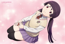 1girl animedia ao_no_exorcist aquastar_inc. black_socks highres kamiki_izumo long_hair magazine_scan official_art pink_background purple_hair purple_skirt red_eyes scan school_uniform skirt smile socks stuffed_animal stuffed_toy twintails