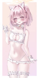 1girl :d absurdres alternate_costume amerika_neko animal_ear_fluff animal_ears arm_at_side aroused bare_shoulders bell blue_archive blush border bra breasts cat_cutout cat_ears cat_girl cat_lingerie choker cleavage cleavage_cutout clothing_cutout collarbone commentary cowboy_shot eyelashes feather_hair frilled_bra frilled_choker frilled_gloves frilled_panties frilled_thighhighs frills glint gloves gluteal_fold gradient_background hair_between_eyes hair_intakes hair_ribbon halo hand_up heart heart-shaped_pupils highleg highleg_panties highres jingle_bell kemonomimi_mode looking_at_viewer lovestruck medium_breasts medium_hair meme_attire navel neck_bell no_headwear one_side_up open_mouth outside_border panties panty_pull pink_background pink_eyes pink_hair pink_pupils presenting pulling_own_clothes red_ribbon ribbon serina_(blue_archive) simple_background smile solo stomach strap_pull symbol-shaped_pupils thighhighs underwear white_border white_bra white_choker white_gloves white_panties white_thighhighs yellow_halo