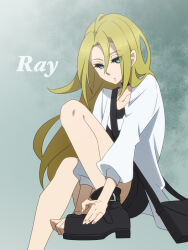 1girl anime_coloring bag bare_legs belt belt_buckle black_belt black_boots black_bow black_dress blonde_hair blue_eyes boots bow breasts buckle character_name closed_mouth collarbone commentary_request dress expressionless eyelashes eyes_visible_through_hair fingernails foot_out_of_frame grey_background hair_between_eyes hands_on_own_foot high_heel_boots high_heels jacket kurimilove leg_up light_frown long_hair long_sleeves looking_at_viewer open_clothes open_jacket rachel_gardner satsuriku_no_tenshi shoe_belt short_dress shoulder_bag solo striped_clothes striped_dress two-tone_dress very_long_hair white_dress white_jacket