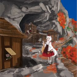 animal_ears black_skirt blue_sky bucket commentary_request hat highres hishaku inubashiri_momiji koyane_(silver81106) outdoors red_hat red_skirt scenery short_hair skirt sky socks tail tokin_hat touhou white_hair white_socks wolf_ears wolf_girl wolf_tail youkai_mountain