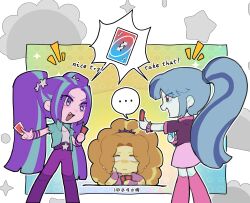 ... 3girls :d adagio_dazzle adagio_dazzle_(human) aqua_hair aqua_jacket aria_blaze aria_blaze_(human) belt blonde_hair blue_eyeshadow blue_hair blunt_ends boots border bracelet breasts card card_game chinese_commentary chinese_text closed_mouth colored_skin commentary_request curly_hair deformed dot_nose english_text eye_contact eyeshadow face-to-face fang feet_out_of_frame fewer_digits fingerless_gloves gloves gradient_background green_background hair_ornament hand_on_own_cheek hand_on_own_face high_ponytail highres holding holding_card image_in_speech_bubble jacket jewelry knee_boots long_hair looking_at_another lwen makeup mixed-language_text multicolored_hair multiple_girls my_little_pony my_little_pony:_equestria_girls my_little_pony:_friendship_is_magic notice_lines open_mouth orange_hair outline outside_border pink_boots pink_gloves pink_jacket pink_skin pink_skirt playing_card playing_games ponytail profile purple_belt purple_boots purple_eyes purple_eyeshadow purple_hair red_eyes shared_speech_bubble shirt short-sleeved_jacket short_sleeves skirt small_breasts smile sonata_dusk sonata_dusk_(human) sparkle speech_bubble spiked_bracelet spikes spoken_ellipsis star_(symbol) star_hair_ornament straight_hair streaked_hair tongue translation_request twintails two-tone_hair uno_(game) v-shaped_eyebrows very_long_hair white_border white_outline white_shirt white_skin yellow_background yellow_eyeshadow yellow_skin