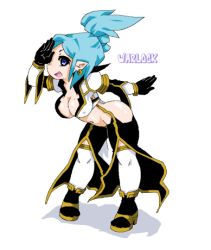 1girl adaghi ass blue_hair breasts character_name female_focus jewelry large_breasts leaning_forward lowres midriff mole oekaki pigeon-toed purple_eyes ragnarok_online short_hair simple_background solo warlock white_background