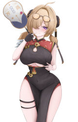 1girl absurdres ahoge black_dress black_gloves blonde_hair blush breasts china_dress chinese_clothes cleavage cleavage_cutout clothes_pull clothing_cutout coin commentary_request covered_navel double_bun dress dress_pull eyewear_on_head fingerless_gloves gloves gold_trim hair_between_eyes hair_bun hair_intakes hair_over_one_eye hand_fan hand_up highres holding holding_fan izumiillus large_breasts looking_at_viewer low_twintails pelvic_curtain purple_eyes short_hair side_slit simple_background single_fingerless_glove single_glove smile solo standing sweety_(zenless_zone_zero) thigh_strap tinted_eyewear twintails underboob white_background zenless_zone_zero