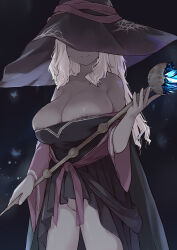 1girl absurdres alternate_skin_color areola_slip bare_shoulders black_dress breasts cleavage commission dark-skinned_female dark_skin dress elden_ring elden_ring_nightreign hat highres holding huge_breasts large_hat long_hair painnico purple_hat purple_sleeves recluse_(elden_ring) solo white_hair witch witch_hat wooden_staff