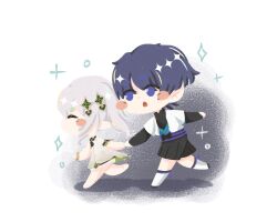 Rule 34 | 1boy, 1girl, arms at sides, artist name, barefoot, belt, black belt, black bodysuit, black bow, black bridal gauntlets, black hair, black leggings, black shorts, bloomers, blue kimono, blue sleeves, blunt ends, blush stickers, bodysuit, bow, bracelet, bridal gauntlets, chibi, closed eyes, detached sleeves, dress, facing to the side, genshin impact, gold trim, green sleeves, hakama, hakama shorts, highres, holding hands, japanese clothes, jewelry, juban, kimono, layered sleeves, leg warmers, leggings, long hair, looking at another, mandarin collar, mid-stride, nahida (genshin impact), no mouth, open clothes, open kimono, open mouth, outstretched arms, pleated shorts, pointy ears, pulling, purple eyes, purple rope, purple sash, rope, sash, scaramouche (genshin impact), short sleeves, shorts, shoulder peek, side ponytail, sidelocks, simple background, underwear, wanderer (genshin impact), white background, white bloomers, white dress, white hair, white kimono, white leg warmers, white sleeves, zeefax u