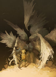 1girl 1other artist_name backpack bag black_background blonde_hair blue_legwear blue_pants blue_shirt braid braided_ponytail brown_footwear brown_shirt cross demizu_posuka demon feathered_wings feathers grave graveyard highres legs_apart long_hair long_sleeves looking_up original pants shirt skirt three-quarter_sleeves squatting standing twitter_username watermark wings