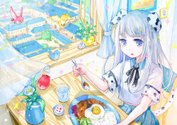 1girl animal_ears aqua_shirt bird black_ribbon blue_bird blue_eyes cityscape collared_shirt cropped_shirt curry curtains dalmatian dog_ears dog_girl dog_tail dot_nose falling_petals floating_hair flower flying food from_above glass grey_hair holding holding_spoon indoors light_blush light_particles long_hair looking_at_food neck_ribbon omelet on_chair open_mouth open_window original petals picture_frame pleated_skirt red_bird ribbon shirt sidelocks single_hair_intake sitting skirt spoon swept_bangs table tail tree tulip vase white_flower white_shirt window wooden_chair wooden_table yellow_bird yutukicom