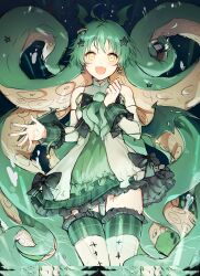 1girl :d ahoge air_bubble armpits bubble cephalopod_eyes cthulhu cthulhu_mythos detached_sleeves earrings foam_(awa) giant giantess green_hair green_ribbon green_shoes green_skirt green_theme green_wings hair_ornament head_wings highres idol jewelry knees_out_of_frame kraken long_hair looking_at_viewer open_mouth original personification plaid_clothes plaid_skirt planet_earrings pleated_skirt ribbon ship shoes skirt sky smile star_(symbol) star_hair_ornament suction_cups tentacle_hair tentacles thighhighs underwater very_long_hair watercraft white_thighhighs wings wristband yellow_eyes zettai_ryouiki