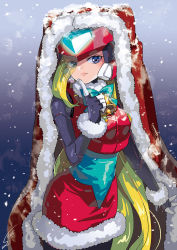 1girl android bell bliss_zero_(mega_man) blonde_hair blue_bow bow bracelet breasts christmas cowboy_shot dated female_focus fur_trim genderswap genderswap_(mtf) grey_eyes hair_over_one_eye helmet highres index_finger_raised jewelry long_hair medium_breasts mega_man_(series) mega_man_zero_(series) midnight_bliss red_skirt santa_costume signature skirt snow snowing solo sumomo translucent_hair very_long_hair zero(z)_(mega_man) zero_(mega_man)
