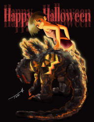 Rule 34 | 1girl, ass, black background, black shirt, black shorts, blue eyes, breasts, brown hair, burning godzilla, chutohampa, cosplay, costume, english text, glowing, godzilla, godzilla (cosplay), godzilla (series), godzilla vs. destoroyah, halloween, halloween costume, happy halloween, highres, kaiju, kigurumi, monster, original, shirt, short hair, shorts, signature, sleeveless, sleeveless shirt, solo, toho