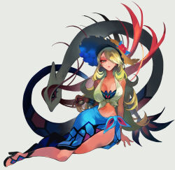1girl blonde_hair blue_sarong breasts crop_top cynthia_(pokemon) cynthia_(summer_2025)_(pokemon) full_body gen_3_pokemon grey_eyes hair_over_one_eye hat high_heel_sandals highres holding holding_poke_ball looking_at_viewer midriff milotic nintendo official_alternate_costume poke_ball poke_ball_(basic) pokemon pokemon_(creature) pokemon_masters_ex sandals sarong shirt straw_hat sun_hat tied_shirt yuzawa_risato