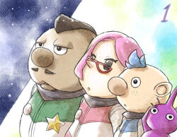 Rule 34 | 1girl, 2boys, :o, alph (pikmin), badge, big nose, black eyes, blue hair, brittany (pikmin), brown hair, buttons, charlie (pikmin), colored skin, commentary request, countdown, cowboy shot, dark-skinned male, dark skin, eyelashes, facial hair, faux traditional media, freckles, glasses, half-closed eyes, hand on own head, height difference, looking ahead, looking at viewer, miniskirt, mohawk, multiple boys, mustache, naru (wish field), night, night sky, nintendo, no headwear, no mouth, painting (medium), parted lips, pikmin (creature), pikmin (series), pikmin 3, pink hair, pink skirt, pointy nose, purple hair, purple pikmin, purple skin, red-framed eyewear, short hair, skirt, sky, snowing, solid oval eyes, spacesuit, star (symbol), traditional media, triangular eyewear, very short hair, watercolor (medium)