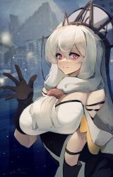 1girl arknights bare_arms bilibili black_dress black_gloves breasts closed_mouth dress gloves hair_between_eyes hand_up hat highres house ikamochi_kalong lamppost large_breasts long_hair looking_at_viewer night night_sky red_eyes skadi_(arknights) skadi_the_corrupting_heart_(arknights) skadi_the_corrupting_heart_(sublimation)_(arknights) sky smile solo upper_body white_dress white_hair