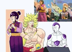 Rule 34 | 1girl, 2boys, alien, archivatumm, broly (dragon ball z), chi-chi (dragon ball), closed eyes, cosplay, dragon ball, dragonball z, frieza, gerardo reyero, heart, highres, multiple boys, muscular, muscular male, open mouth, patricia acevedo, photo-referenced, ricardo brust, surprised, topless male, voice actor