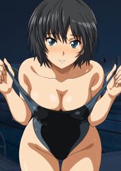 1girl absurdres amagami black_eyes black_hair black_one-piece_swimsuit blush bob_cut breasts cleavage clothes_pull commentary_request competition_swimsuit gluteal_fold highres large_breasts leaning_forward nanasaki_ai night nose_blush one-piece_swimsuit one-piece_swimsuit_pull parted_bangs parted_lips pulling_own_clothes smile solo swimsuit teasing thigh_gap tomboy two-tone_swimsuit yuuyuu_(3jjbn)