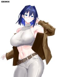 absurdres armpits belt blue_eyes blue_hair breasts brown_jacket ear_ornament highres hololive hololive_english igiroitsu jacket large_breasts midriff navel ouro_kronii pants sports_bra virtual_youtuber white_pants