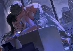 1boy 1girl arm_support bare_shoulders black_hair breasts building camisole cityscape cleavage commentary_request couple curtains dutch_angle grey_eyes grey_hair hetero highres imminent_kiss jewelry licking_shoulder long_hair looking_at_another love_and_deepspace muscular necklace night night_sky off_shoulder open_mouth osaki_iyo pectorals picture_frame protagonist_(love_and_deepspace) shirt short_hair sky sweat tongue tongue_out twitter_username white_camisole white_shirt window xavier_(love_and_deepspace)