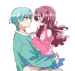 1boy 1girl bare_shoulders biwako_(biwa27) blush couple denim denim_skirt facing_to_the_side green_eyes green_hair green_shirt hands_on_another&#039;s_ass hands_on_another&#039;s_chest headband hibiki_kaito jaw jawbone kimi_to_idol_precure long_hair long_sleeves looking_at_another mature_male nervous nervous_sweating parted_bangs precure red_eyes ribbon sakura_uta_(precure) shirt short_hair sitting sitting_on_lap sitting_on_person skirt sweat sweatdrop upper_body
