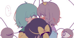 Rule 34 | 2girls, ahoge, antenna hair, black hat, blue shirt, blush, bow, commentary, eye contact, eyes visible through hair, frilled shirt collar, frills, from side, green eyes, hair between eyes, hair ornament, hat, hat bow, hat ornament, heart, heart hair ornament, heart hat ornament, holding, holding unworn clothes, holding unworn hat, implied kiss, komeiji koishi, komeiji satori, looking at another, medium hair, mint onyo, multiple girls, profile, red eyes, shirt, siblings, simple background, sisters, speech bubble, sun hat, surprised, third eye, touhou, translated, unworn hat, unworn headwear, upper body, white background, wide-eyed, yellow bow, yellow shirt
