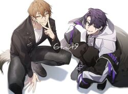 2boys 6tnut9 arm_support artist_name black_jacket black_pants black_shoes brown_eyes brown_hair closed_mouth collarbone commentary_request crossed_bangs drawstring earrings from_above fushimi_gaku fushimi_gaku_(8th_costume) green_eyes hair_between_eyes hand_up hood hood_down hoodie jacket jacket_over_hoodie jewelry kenmochi_touya kenmochi_touya_(8th_costume) lapels leather leather_jacket long_sleeves looking_at_viewer looking_up male_focus mole mole_under_eye multiple_boys nijisanji off_shoulder open_clothes open_jacket open_mouth pants parted_bangs purple_hair shirt shoes short_hair signature simple_background sleeves_past_fingers sleeves_past_wrists smile squatting teeth v very_long_sleeves virtual_youtuber white_background white_hoodie white_shirt