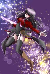 1girl black_hair black_thighhighs boots female_focus garter_straps highres jacket leotard long_hair lucifer_(umineko) necktie red_eyes solo thighhighs umineko_no_naku_koro_ni