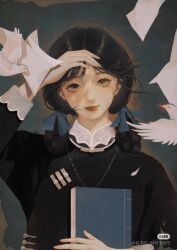 1girl bad_source bird black_hair black_shirt book braid chinese_clothes double_bun dove hair_bun highres holding holding_book looking_at_viewer mandarin_collar nan_zhi_zai_hua_hua original republic_of_china_school_uniform school_uniform shanghai_neckline shirt smile solo upper_body watermark xiaohongshu_watermark