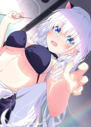 1girl alternate_costume animal_ears apron bikini black_bikini blue_eyes blurry blush breasts cat_ears depth_of_field dutch_angle enmaided eyes_visible_through_hair fake_animal_ears foreshortening frilled_apron frilled_bikini frills hair_between_eyes hands_up hashtag-only_commentary highres holding holding_spoon indoors kyamiuu large_breasts lens_flare long_hair looking_at_viewer maid maid_apron maid_bikini maid_day maid_headdress naruse_shiroha navel open_mouth rainbow reaching reaching_towards_viewer skindentation solo spoon stomach summer_pockets swimsuit tareme unconventional_maid underboob upper_body very_long_hair waist_apron wavy_mouth white_apron white_hair