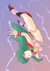 1girl absurdres armor armpits ass ayanokouji_rem bikini bikini_armor blue_eyes boots bracer breasts butt_crack covered_erect_nipples dream_hunter_rem falling gem green_hair highres kneehighs long_hair open_mouth outstretched_arms pauldrons pink_bikini pink_socks red_bikini red_boots shoulder_armor small_breasts socks solo swimsuit thighs tiara upside-down yunarisa_haruka