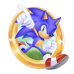1boy animal_ears animal_nose clenched_hand closed_mouth commentary english_commentary full_body furry furry_male gloves gold_ring grass green_eyes highres looking_at_viewer male_focus natalie_haines one_eye_closed pointing red_shoes running shoes signature sky smile sneakers solo sonic_(live_action) sonic_(series) sonic_the_hedgehog sonic_the_hedgehog_(movie) tail transparent_background white_gloves