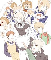 anger_vein animal_costume apron armor armored_dress artoria_pendragon_(fate) backless_dress backless_outfit black_dress blonde_hair blue_dress bottle box breastplate breasts bun_with_braided_base carnival_phantasm coin_purse commentary_request dress eating emiya_shirou fate/hollow_ataraxia fate/stay_night fate/tiger_colosseum fate_(series) gauntlets gift gift_box green_eyes hair_bun hand_on_own_hip holding holding_bottle holding_gift lion_costume maid maid_headdress open_mouth red_hair saber_(fate) saber_alter saber_alter_(gothic_lolita) saber_lion sake_bottle single_hair_bun small_breasts suzuakks sweatdrop translation_request waist_apron wrist_cuffs yellow_apron yellow_eyes
